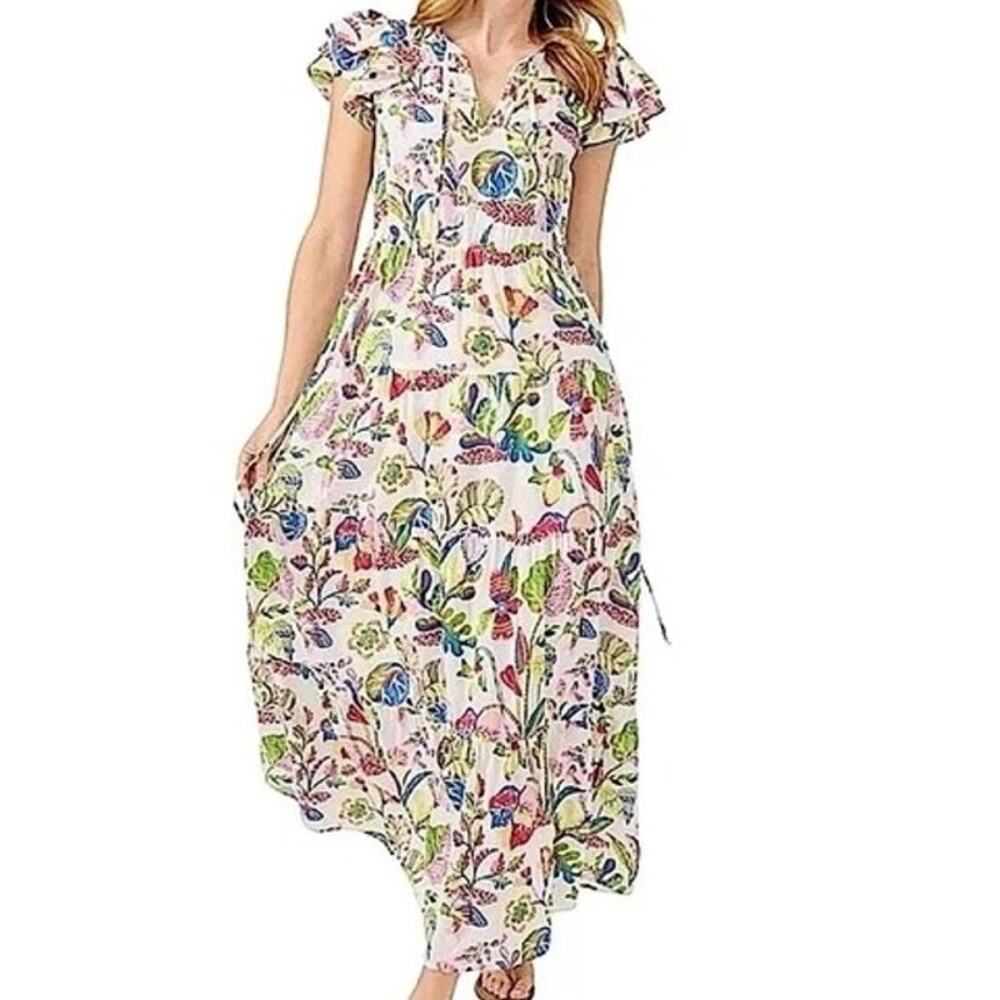 J McLaughlin Floral Cotton Tropical Ruffle Sleeve Maxi Dress Beachy Resort Large